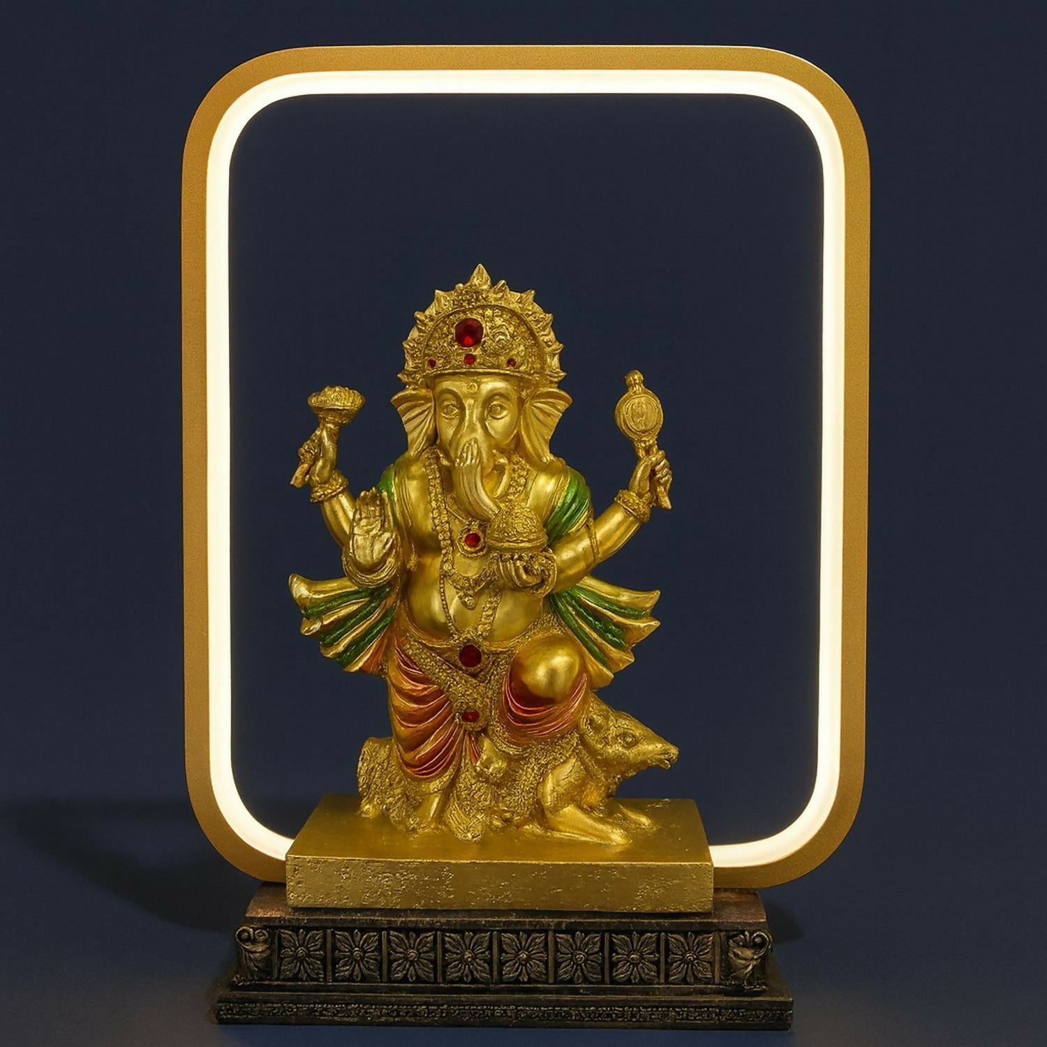 Premium Golden Ganesh Idol LED Night Lamp with Rectangular Frame | Decorative Lord Ganesha Statue with LED Light | Spiritual Home Decor Showpiece for Pooja Room, Office Desk, Living Room & Gift Purpose