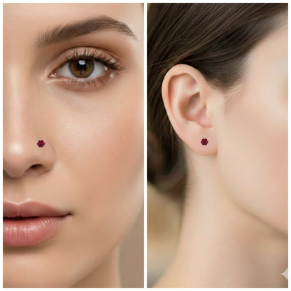 Various views of gold plated ruby nose studs with lab created ruby stones
