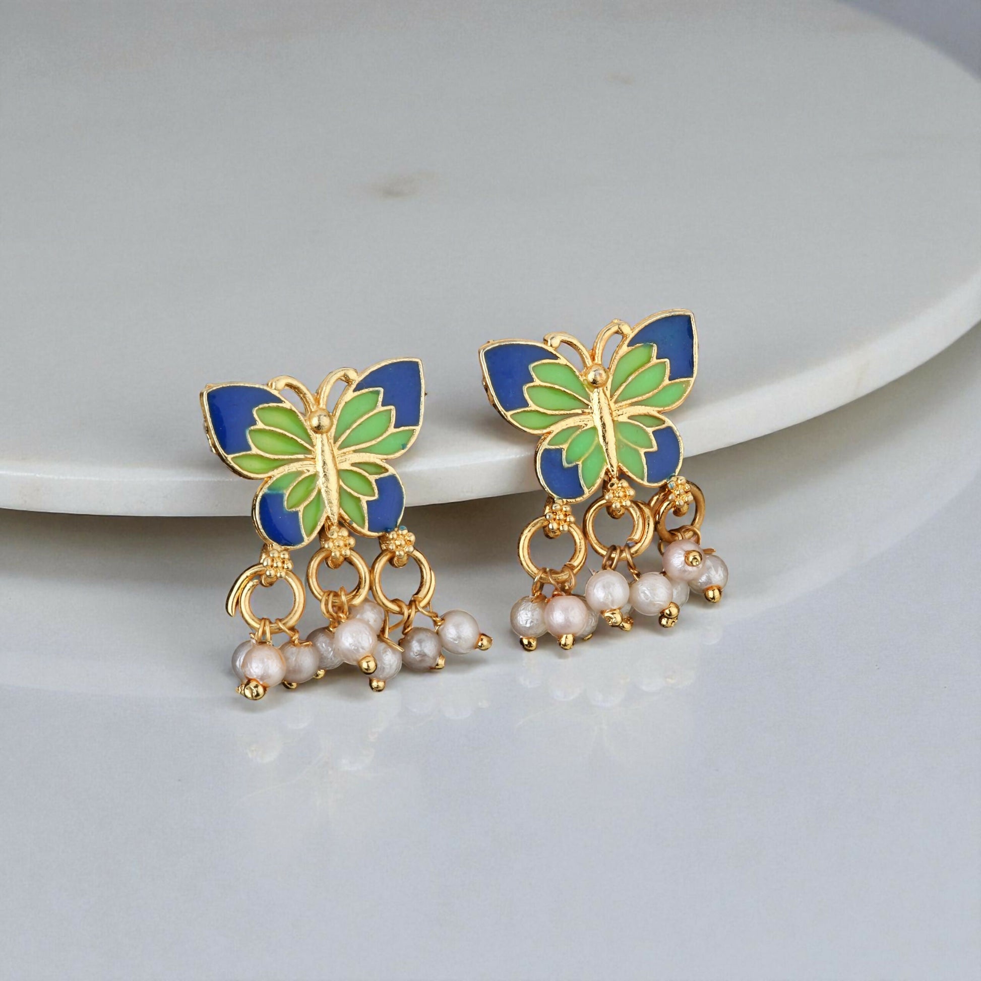 Vibrant Enamel Butterfly Choker Necklace Set with Pearl Drops