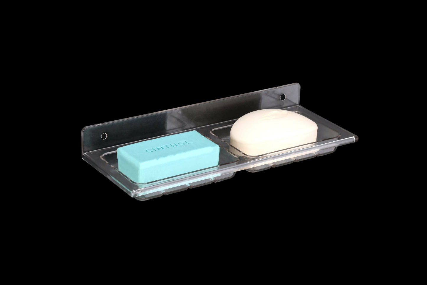 Wall mounted double soap dish installed in a kitchen for space-saving storage