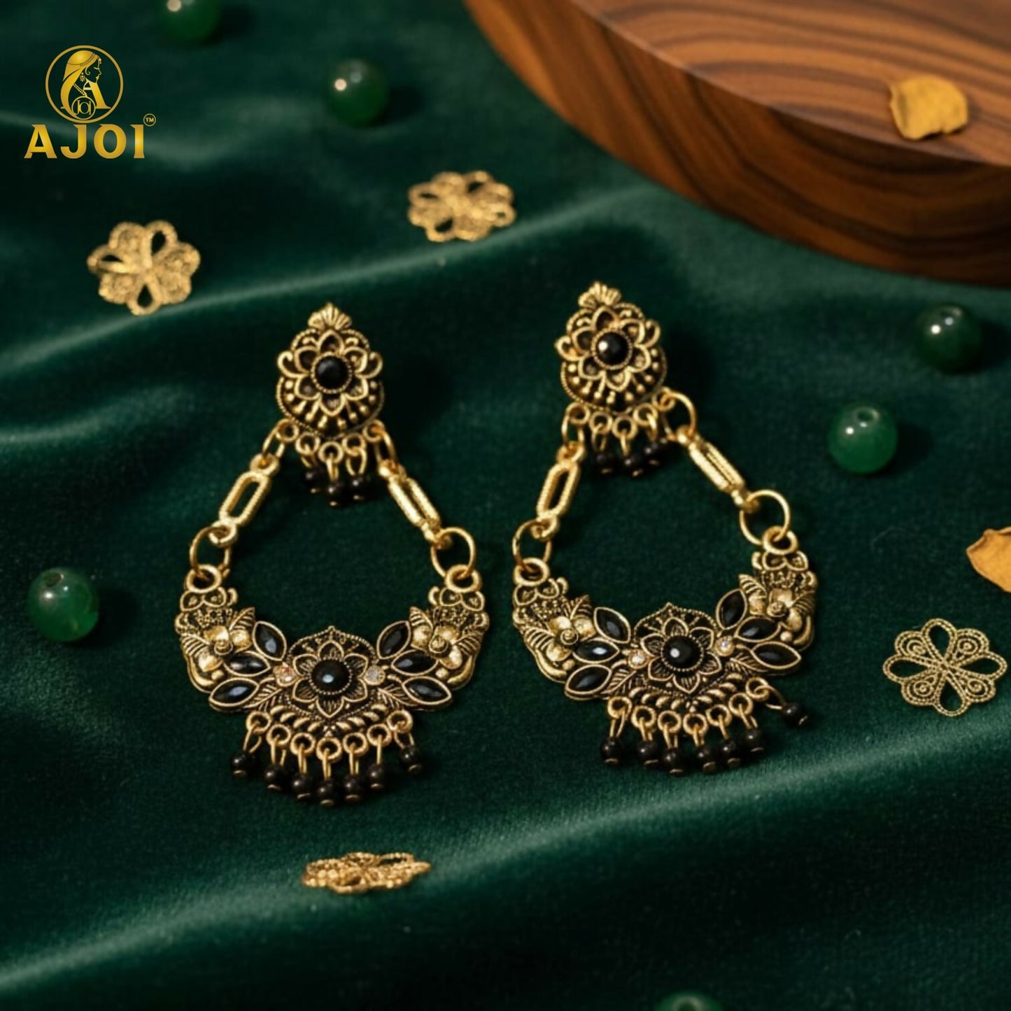 Antique Gold-Plated Black Stone Floral Chandbali Earrings for Women