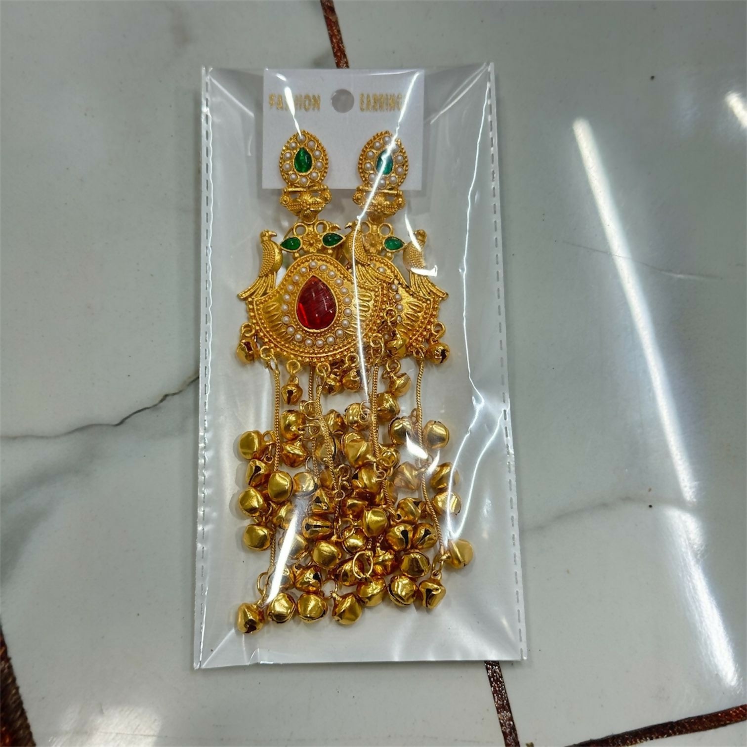 Kashmiri Heritage Gold-Plated Dangler Earring with Red Teardrop Stone, Pearl Detailing & Ghungroo Chains.