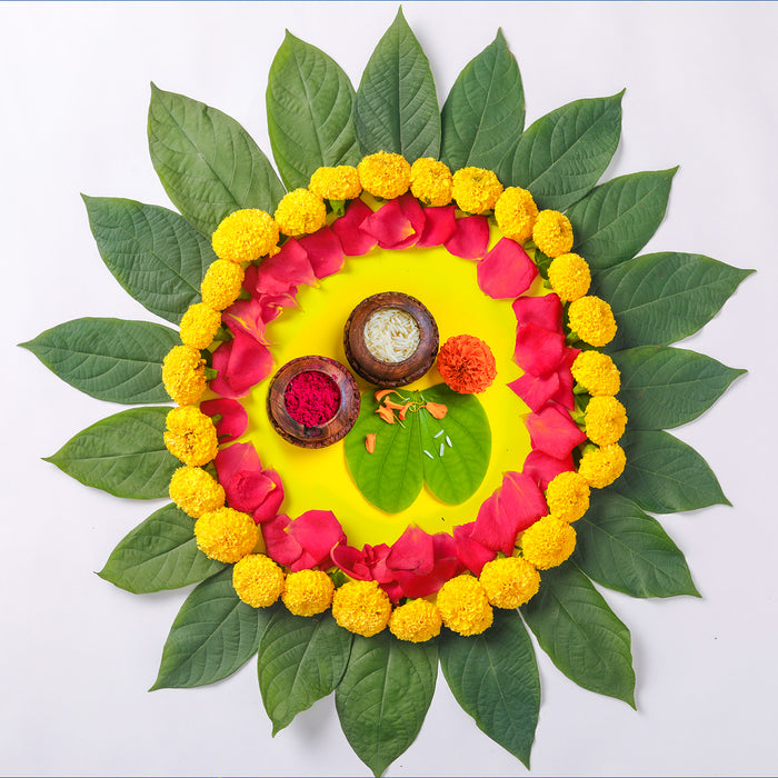 Circle Shape With Red & Golden Color Beads With Effete Magic Chocolate 32Gm ,Silver Color Pooja Coin, Roli Chawal & Greeting Card