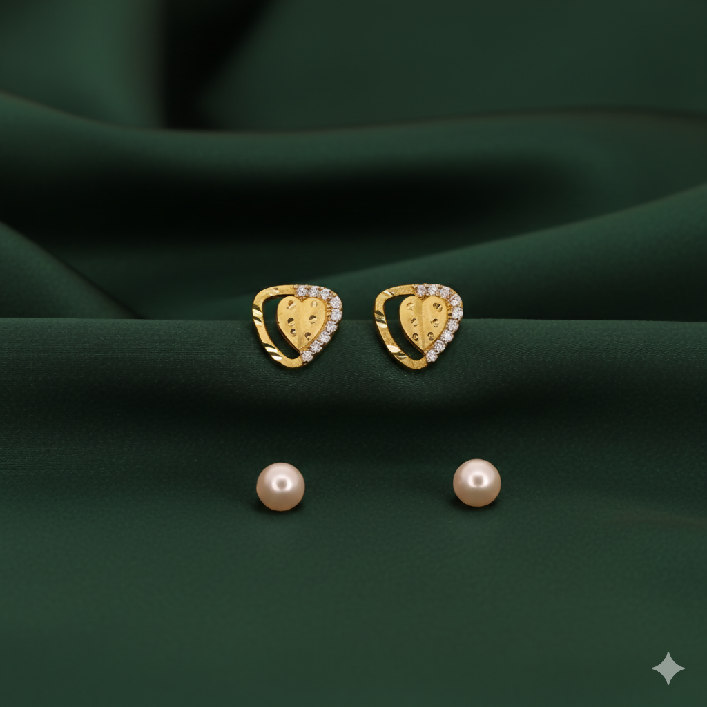 Gold Plated Heart Stud Earrings with AD for women and girls