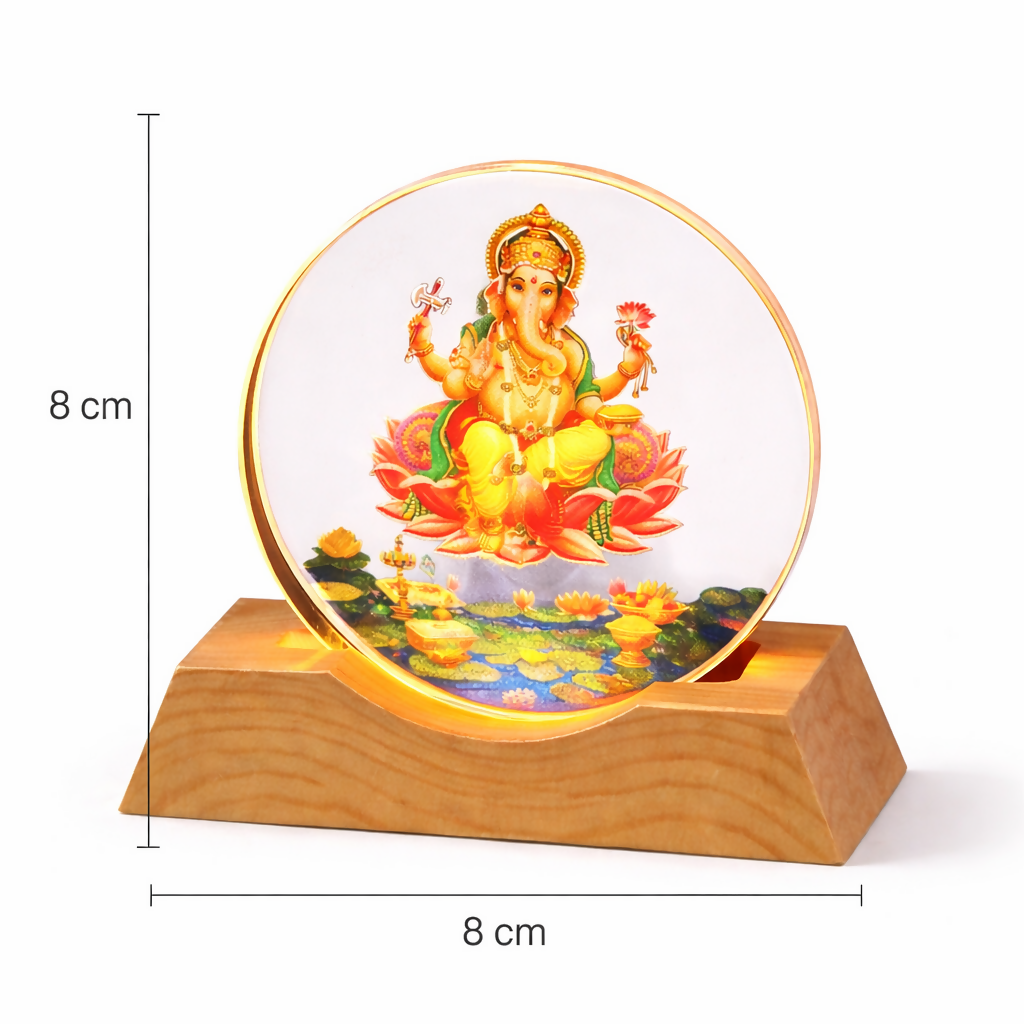 Lord Ganesha Acrylic LED Lamp with Wooden Base | Devotional Night Light