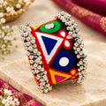 Multicolor Embroidered Mirror-Work Imitation Jewellery Kada with Silver-Tone Ghungroo Bead Border