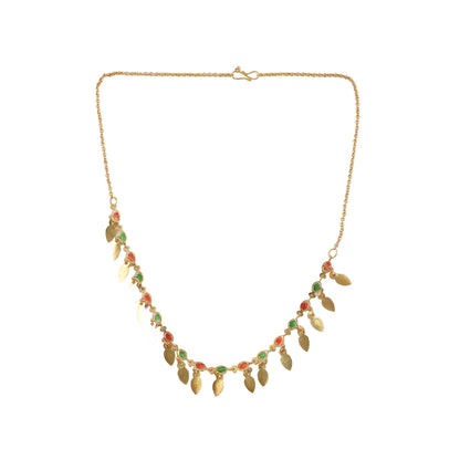 Gold Tone Leaf Charm Necklace with Multicolor Stones