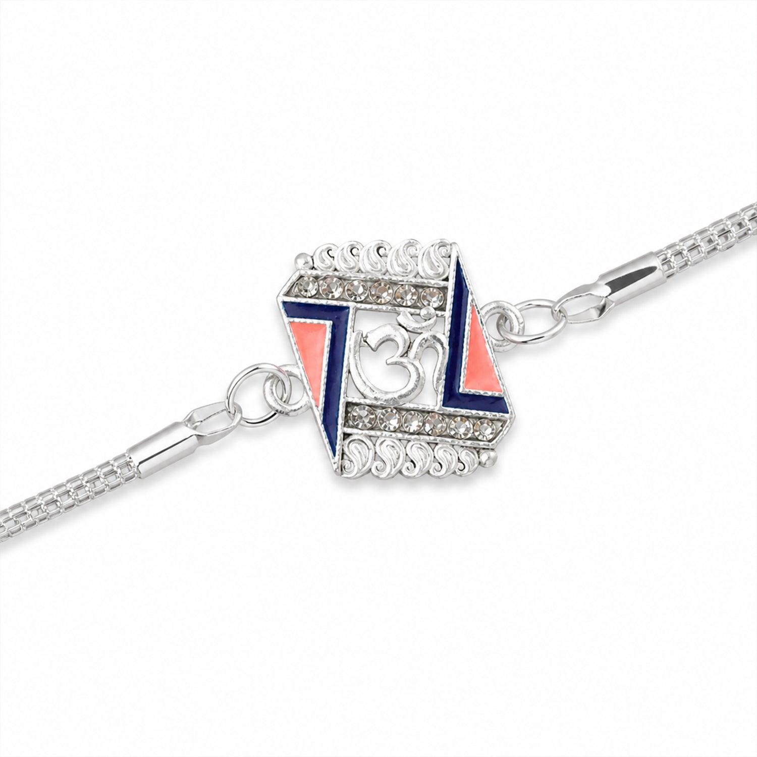 Om Stylish Square Motif Studded Enamel Silver Chain Designer Rakhi