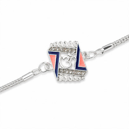 Om Stylish Square Motif Studded Enamel Silver Chain Designer Rakhi