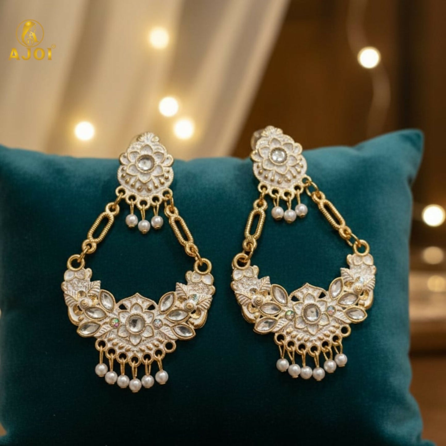 Antique Gold-Plated White Stone & Pearl Floral Chandbali Earrings for Women