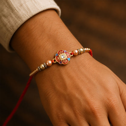 Round Red Meenakari AD Stone Designer Rakhi for Brother with Pearls