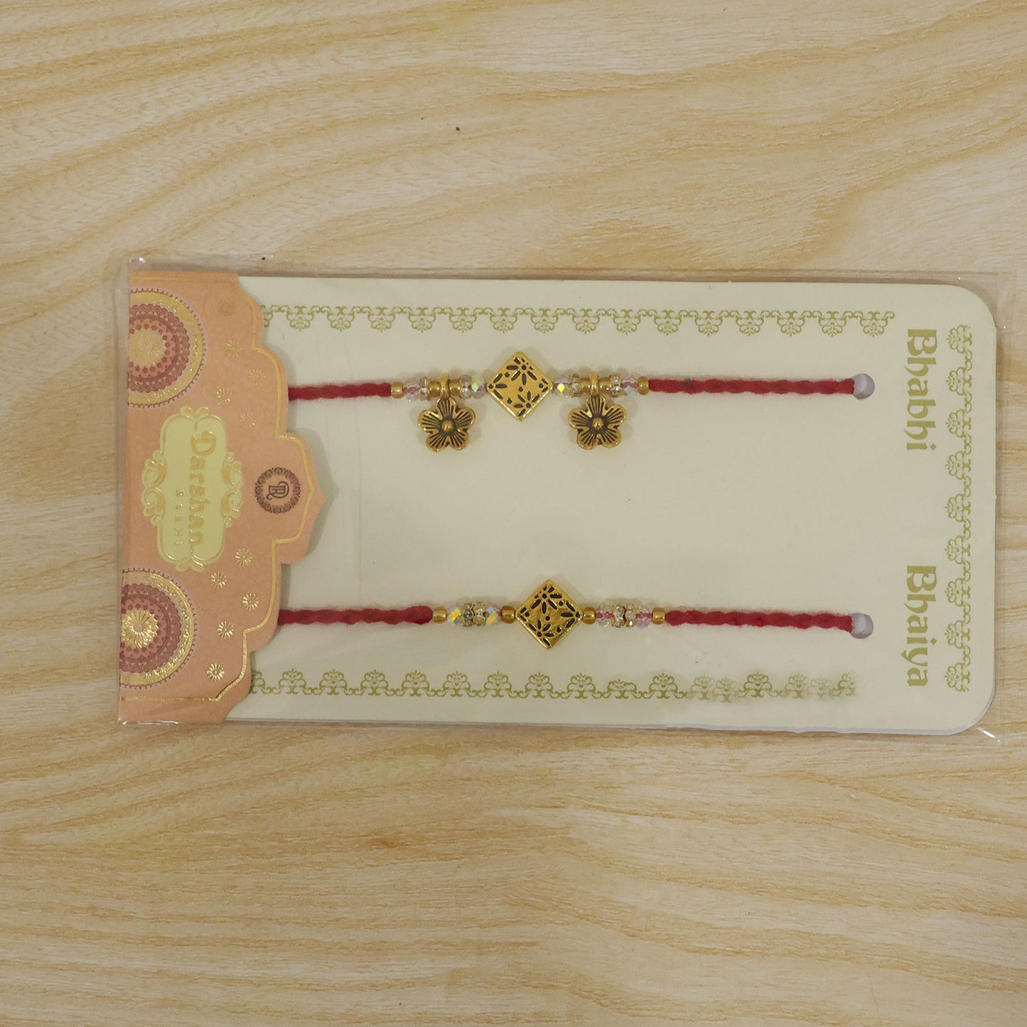 Floral Square Couple Rakhi Set with Crystal Beads and Antique Flower Lumba Charms