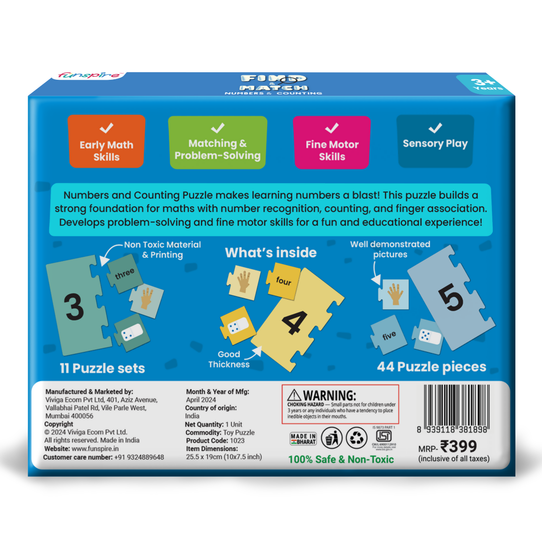 Numbers & Counting Puzzle - Ages 3+ (44 cardboard puzzle pieces) Find & Match series
