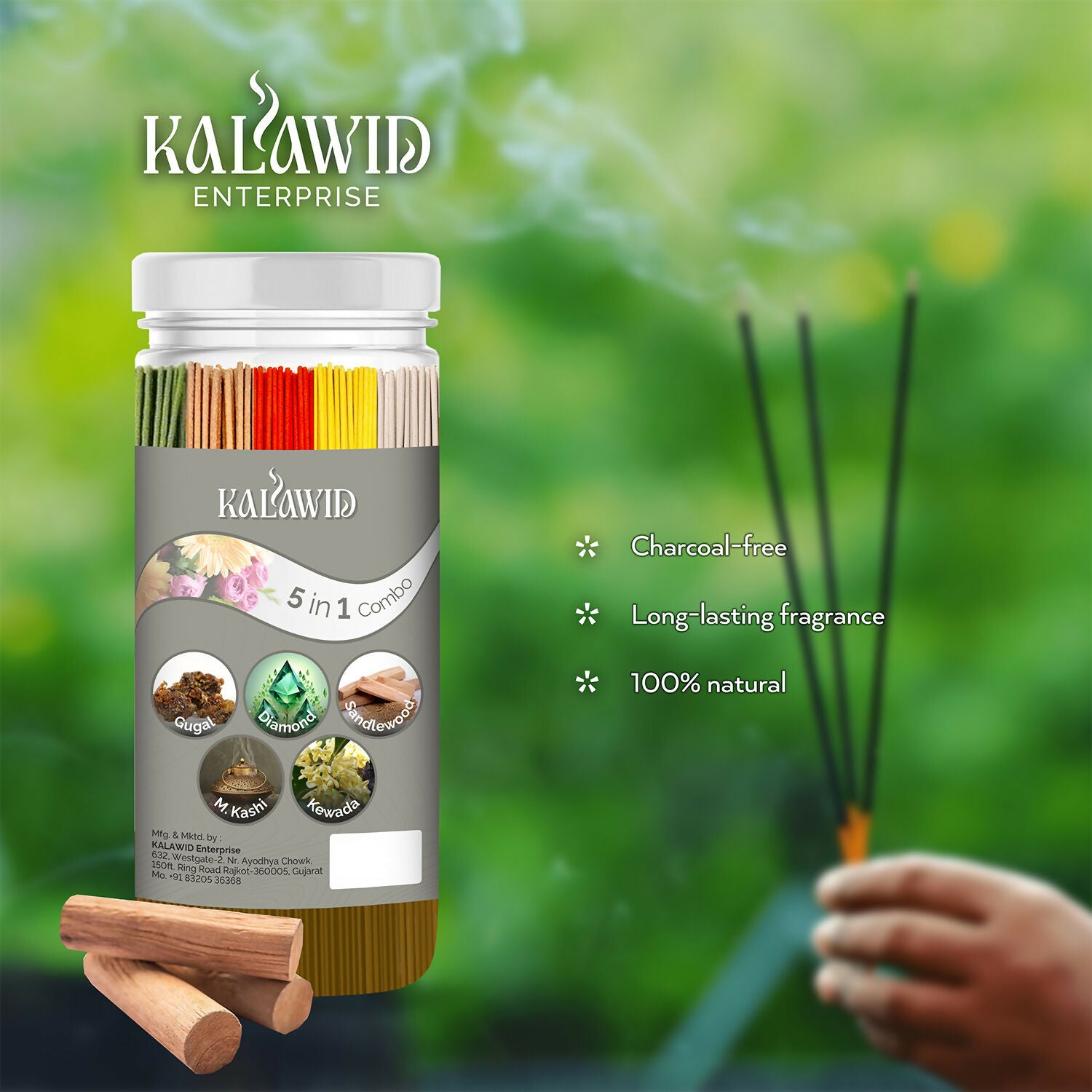 Premium Agarbatti 5 In 1 Combo with Gugal, Diamond, Sandalwood, Masalakashi, Kewada Fragrances for Long Lasting Aroma (400 Gm)