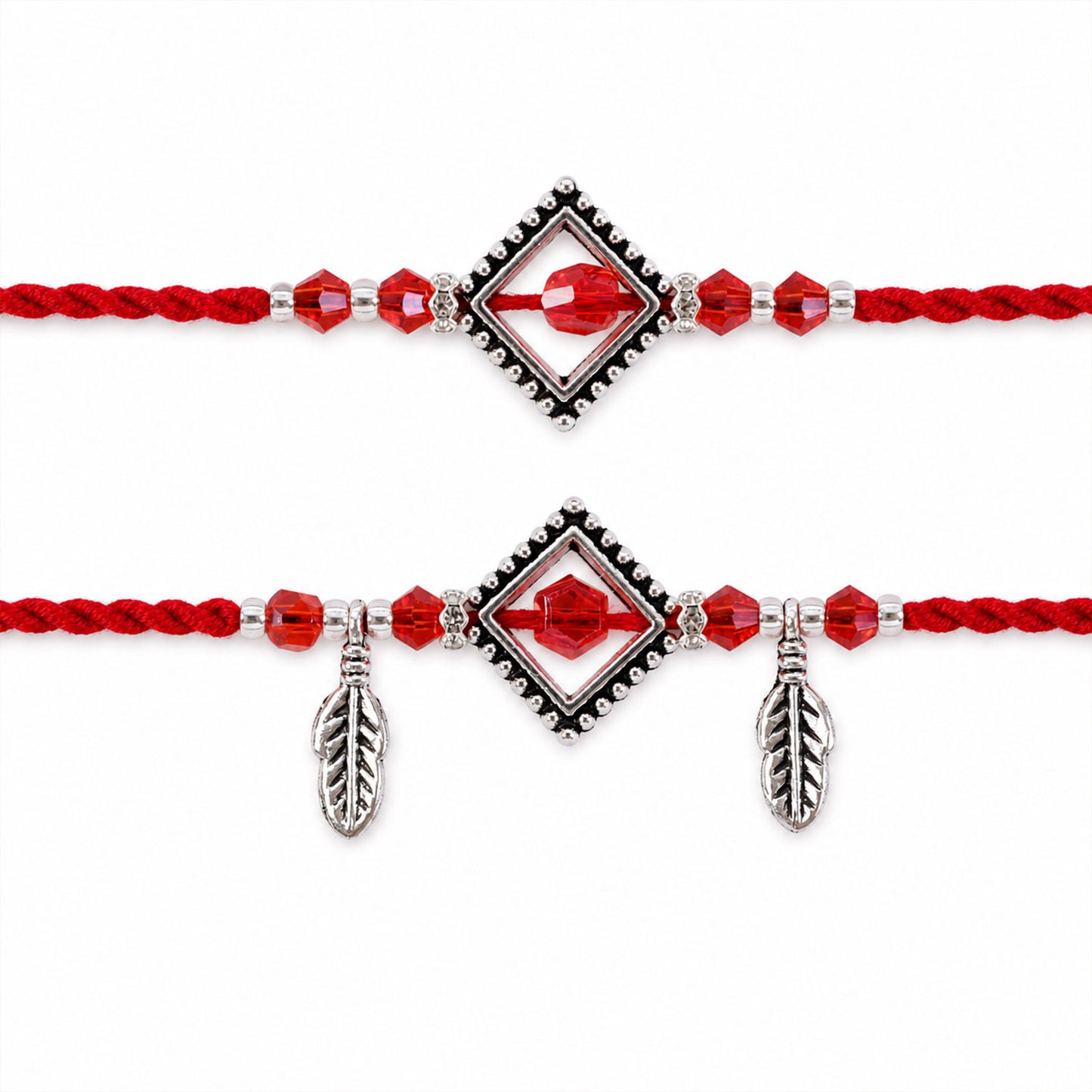Red Gem Square Rakhi Set with Silver Bead Border and Leaf Charms for Couple Gift
