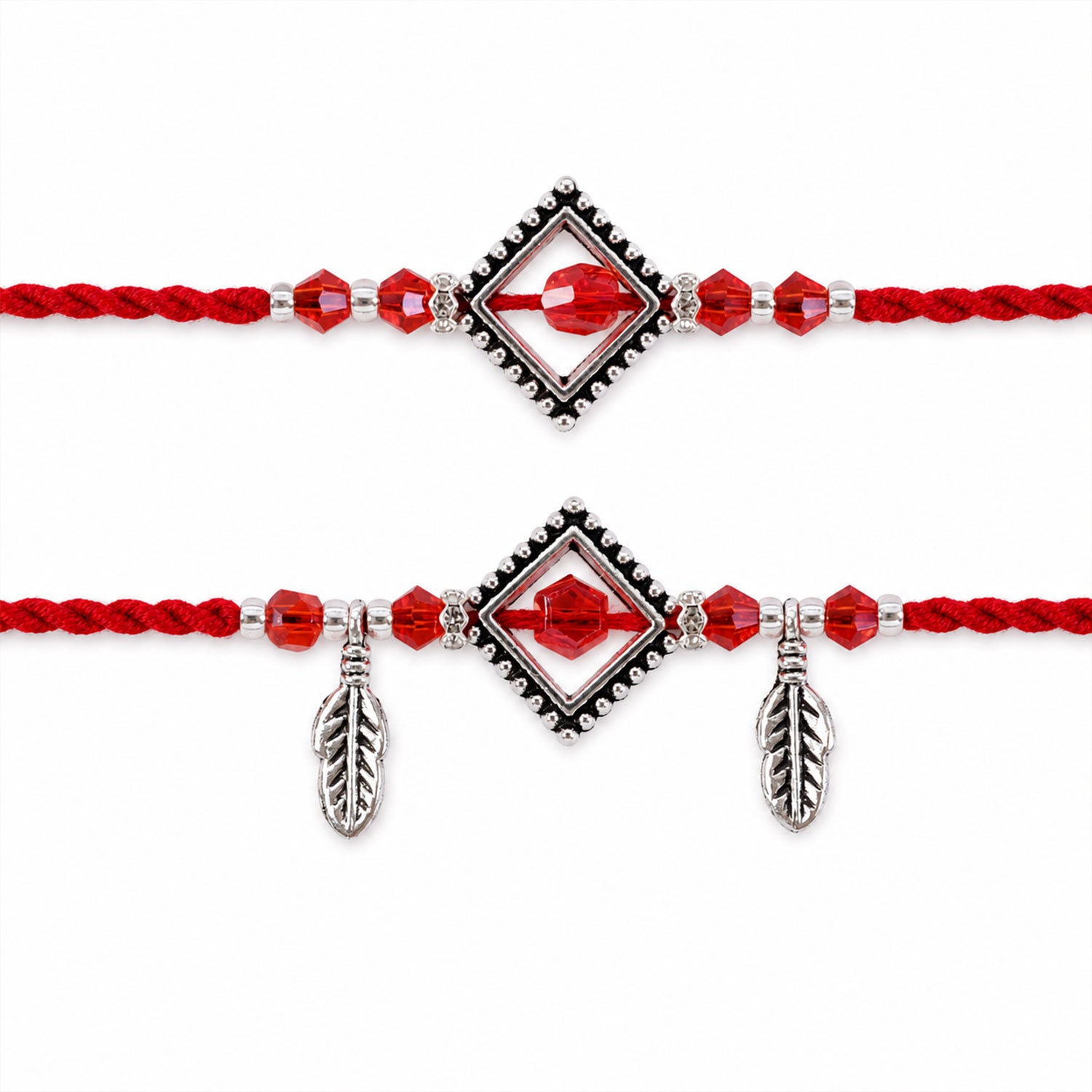 Red Gem Square Rakhi Set with Silver Bead Border and Leaf Charms for Couple Gift