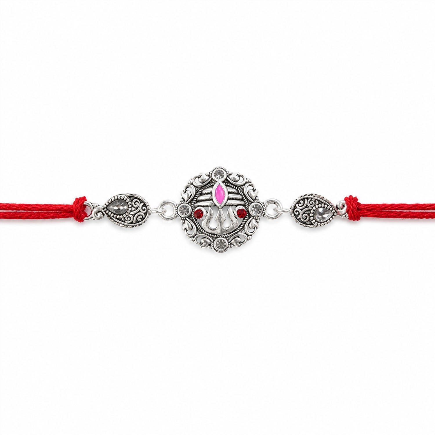 Premium Rakhi showcasing Silver Om Leaf Charm, gold trims and chain look for Gift