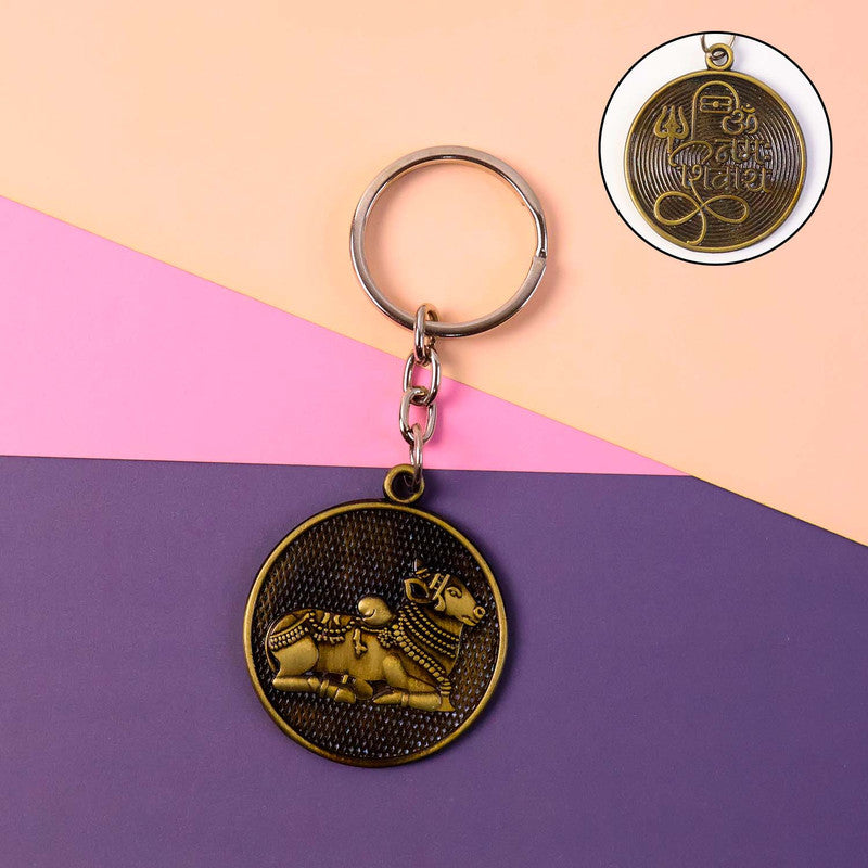 Nandi Bull Religious Keychain with Shivling & Om Engraving – Antique Finish Spiritual Key Ring