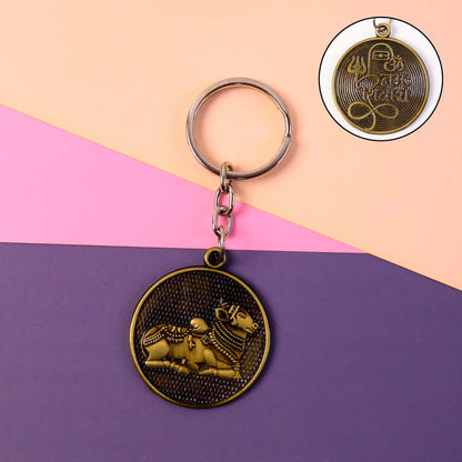 Nandi Bull Religious Keychain with Shivling & Om Engraving – Antique Finish Spiritual Key Ring