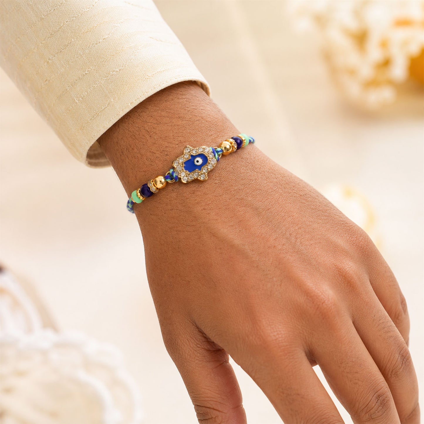 Premium Evil Eye Crystal Studded Beads Bhai Bhabhi Rakhi Lumba Set