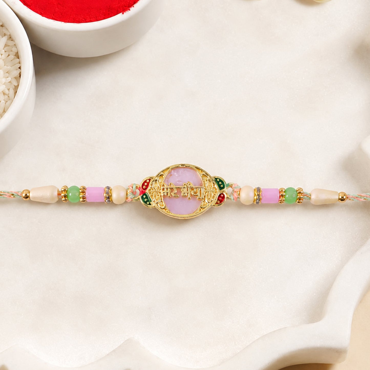 Mere Bhaiya Text Pendant Rakhi with Pearl Stone and Beads