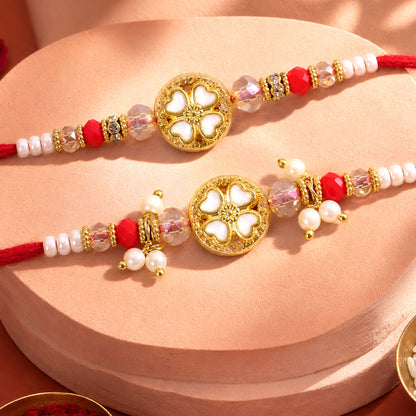 White Heart Floral Couple Rakhi Set with Crystal Beads and Pearl Lumba Charm Design