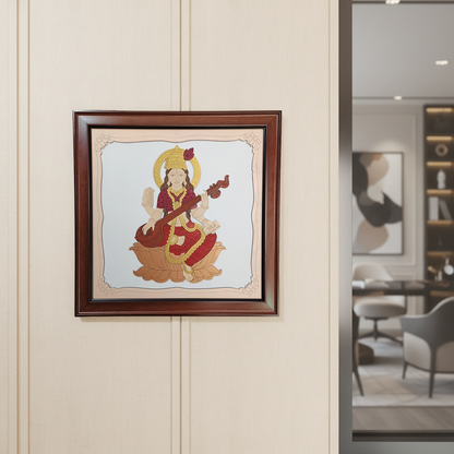 Goddess Saraswati Wooden Framed Wall Art | Handcrafted Hindu Religious Painting for Home, Office & Pooja Room | Premium Spiritual Decor