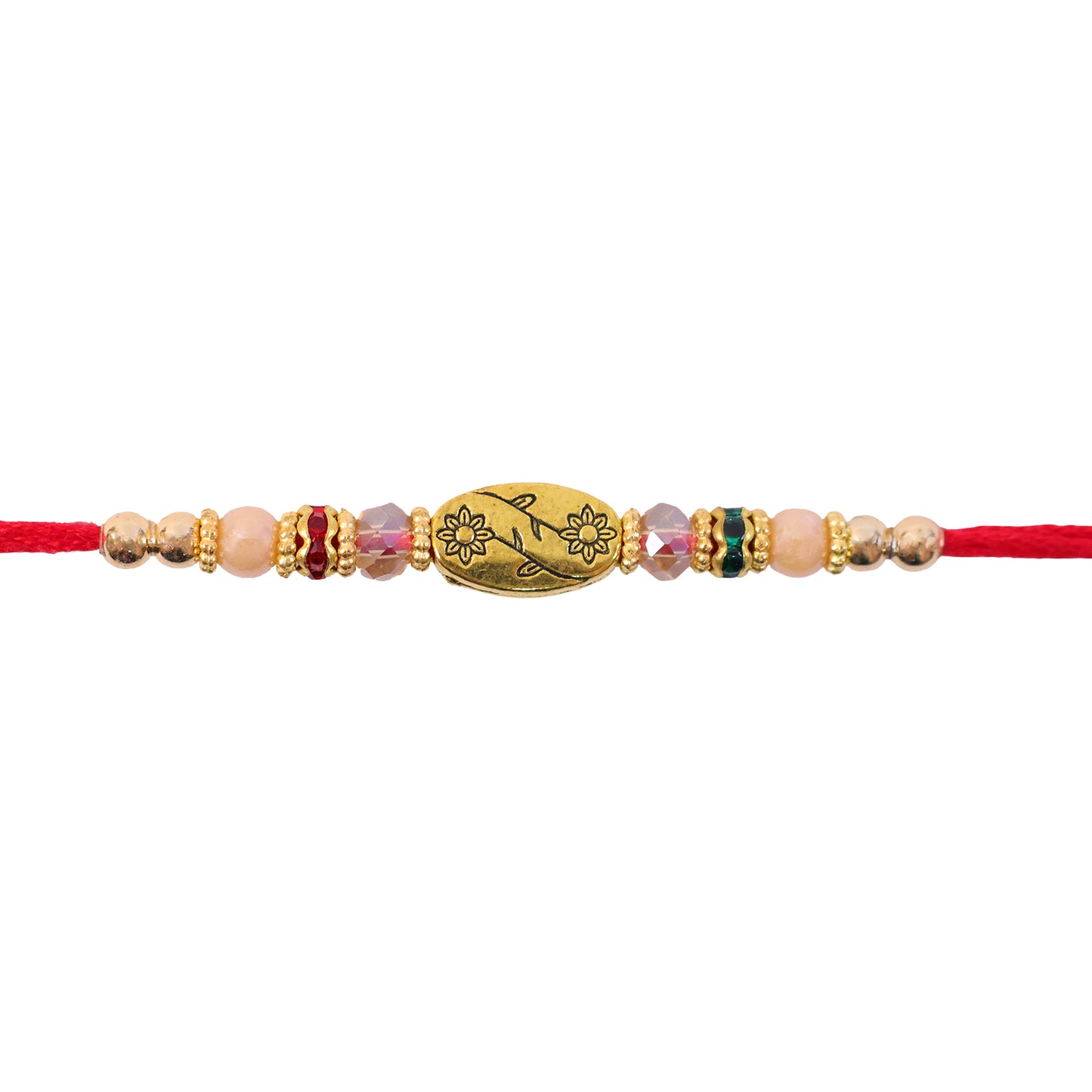 Red Thread Rakhi with Multicolour Beads and Gold Oval Floral Charm