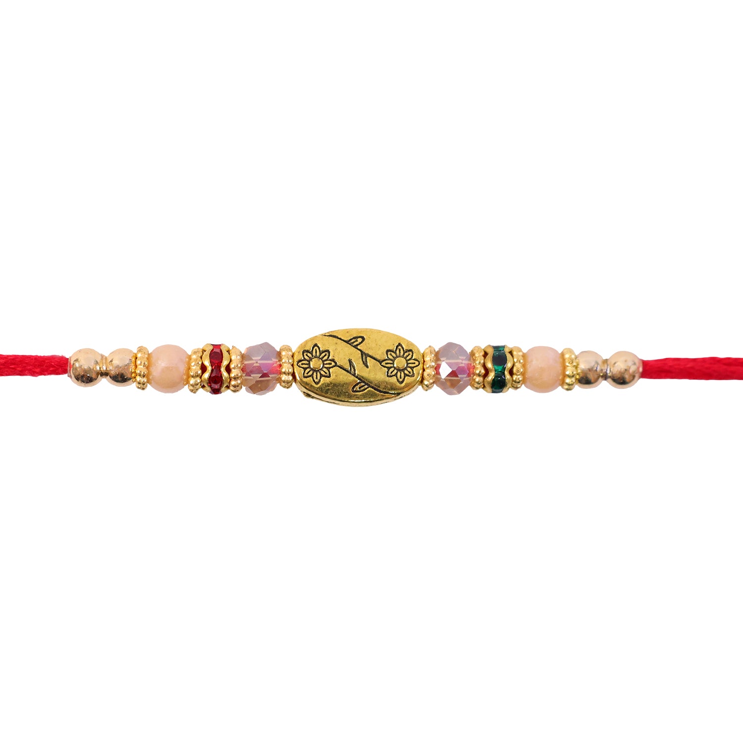 Red Thread Rakhi with Multicolour Beads and Gold Oval Floral Charm