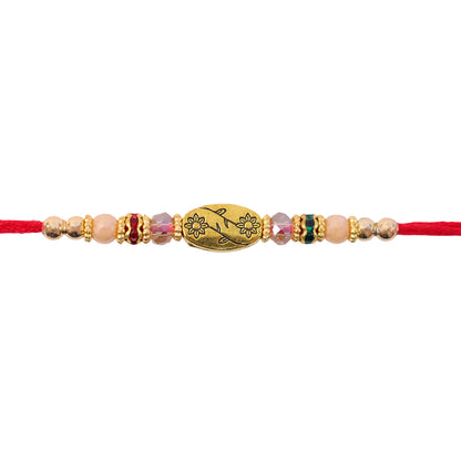 Red Thread Rakhi with Multicolour Beads and Gold Oval Floral Charm