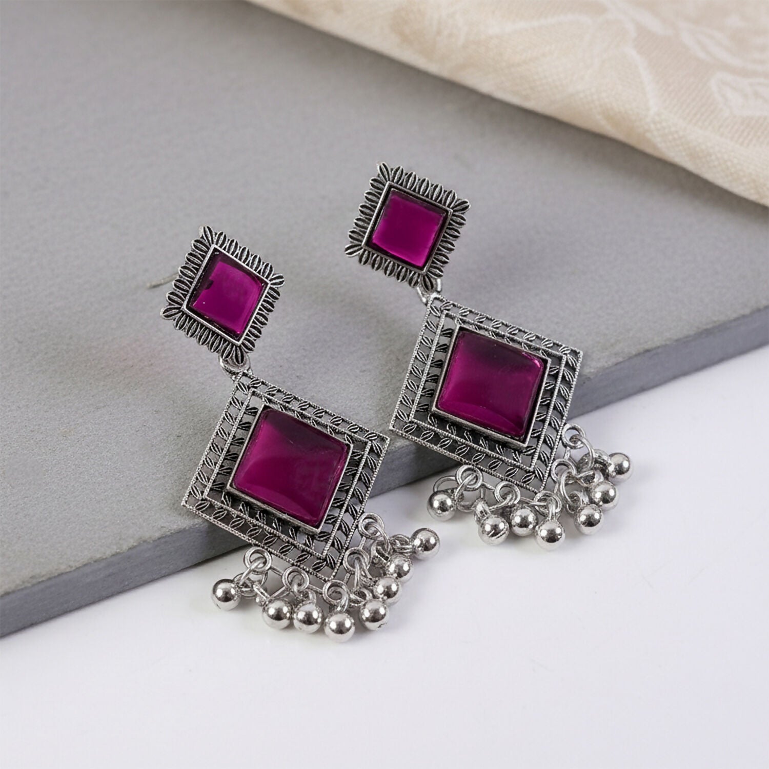 Traditional Indian Oxidised Dangler Earrings with Square Red Monalisa Stones