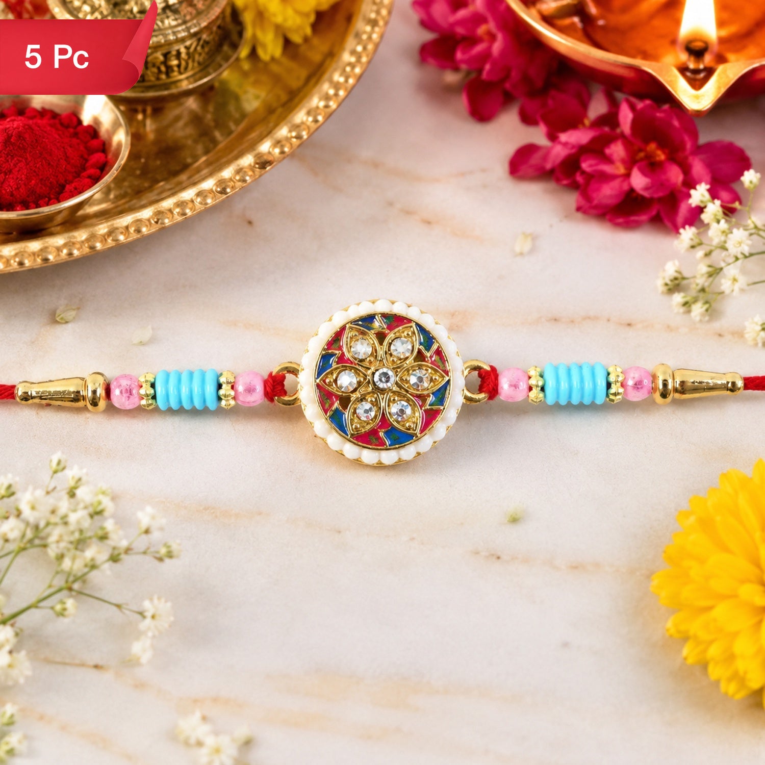 Multicolor Floral Kundan Rakhi Elegant Design for Rakshabandhan (5pcs)