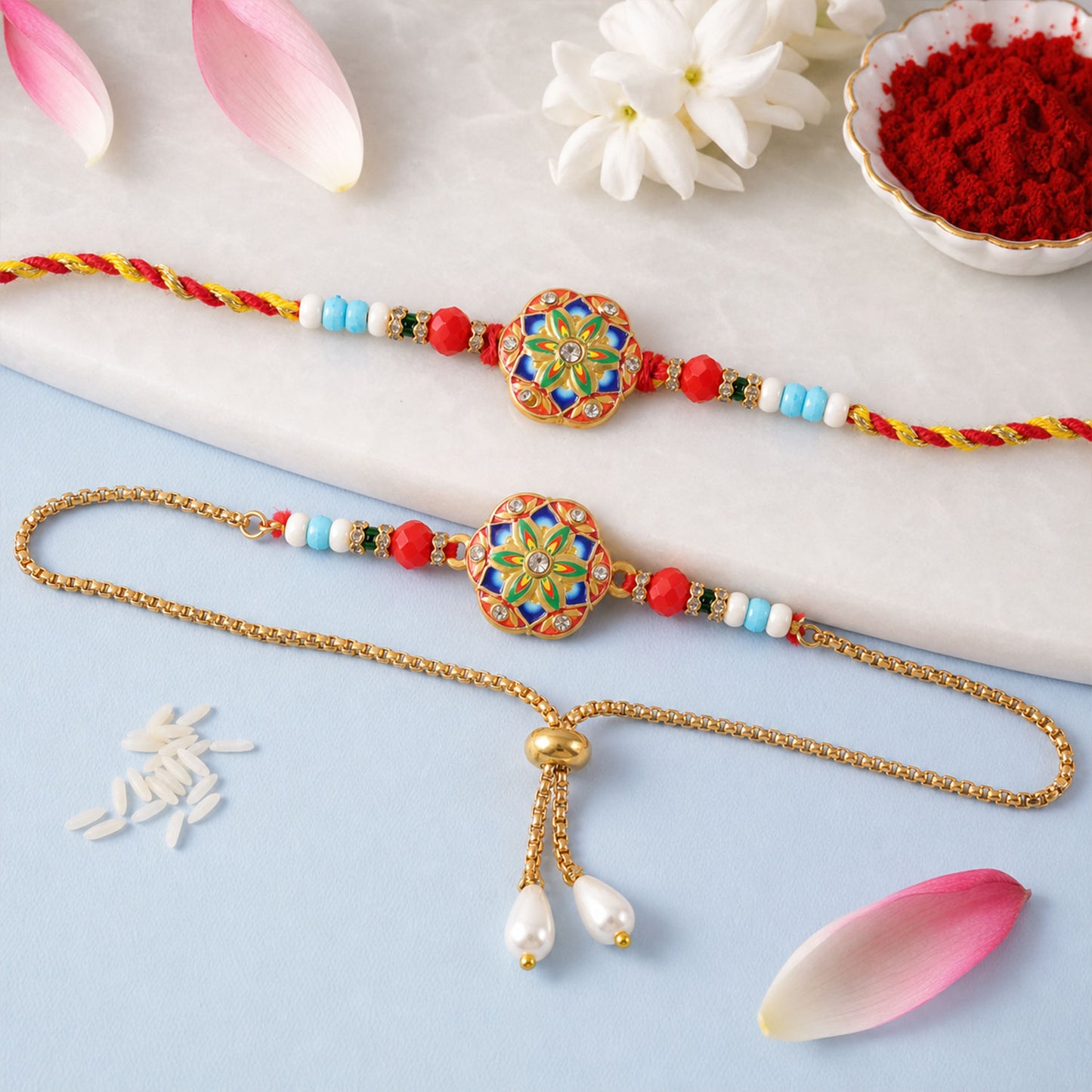 Round Meenakari Mosaic Bhai Bhabhi Lumba Rakhi with Pearl Drops