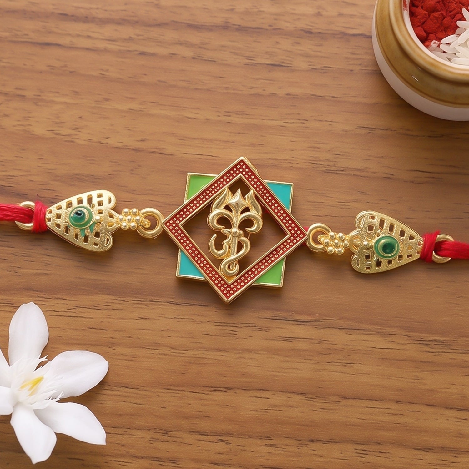 Gold-Toned Om Trishul Rakhi with Colorful Enamel for Raksha Bandhan (10pcs)