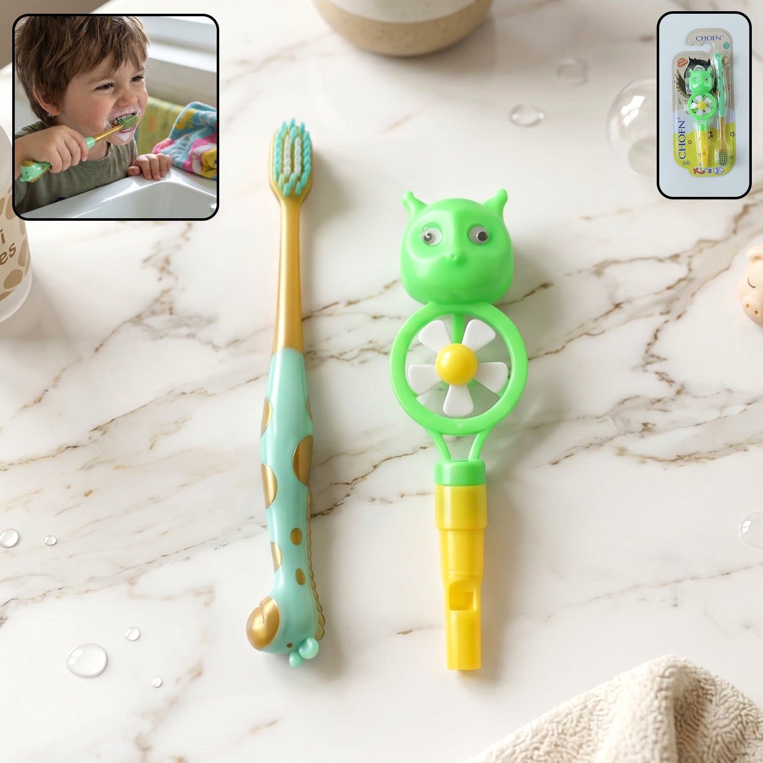 Kids toothbrush set with colorful animal whistle toy