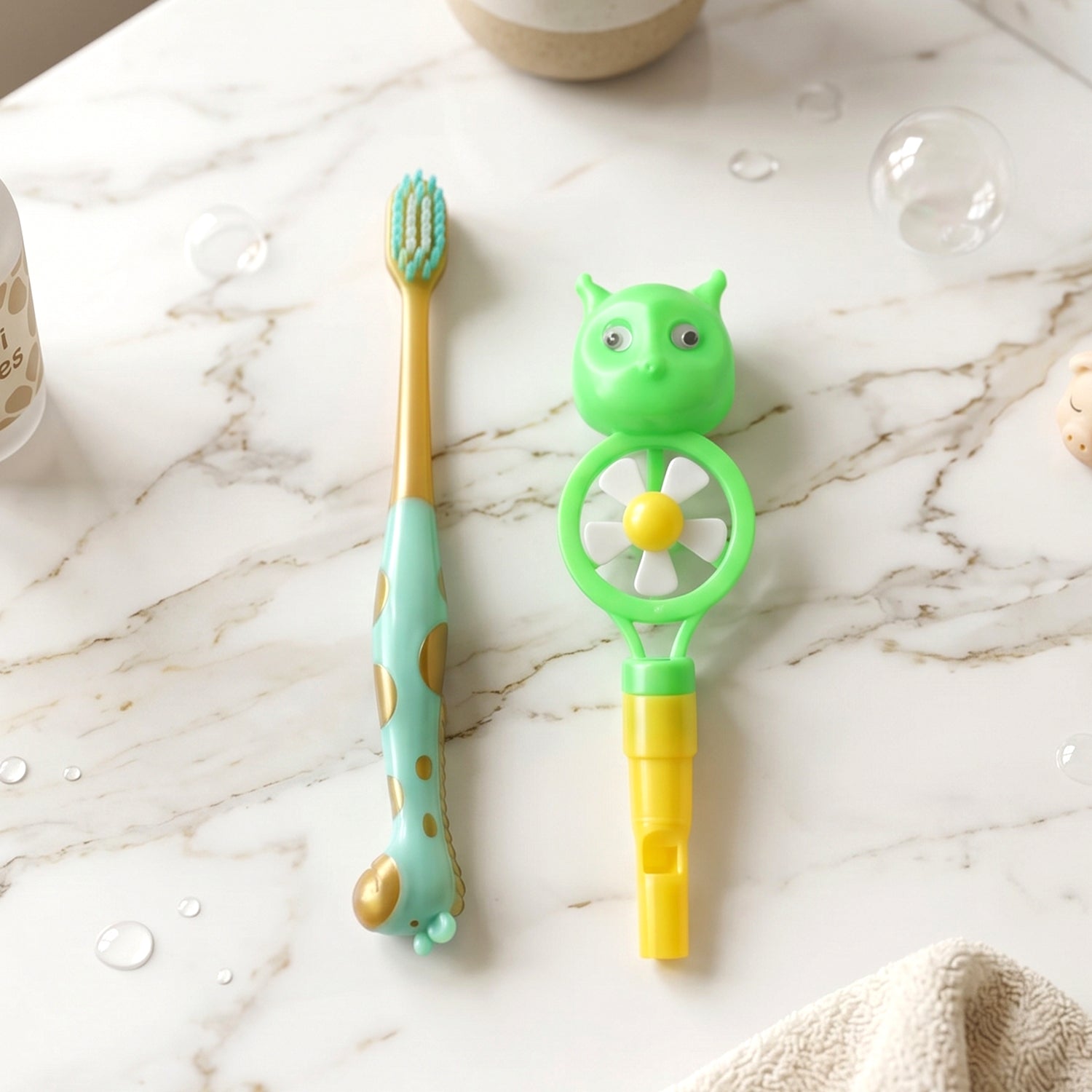 Packaged kids toothbrush set with playful design