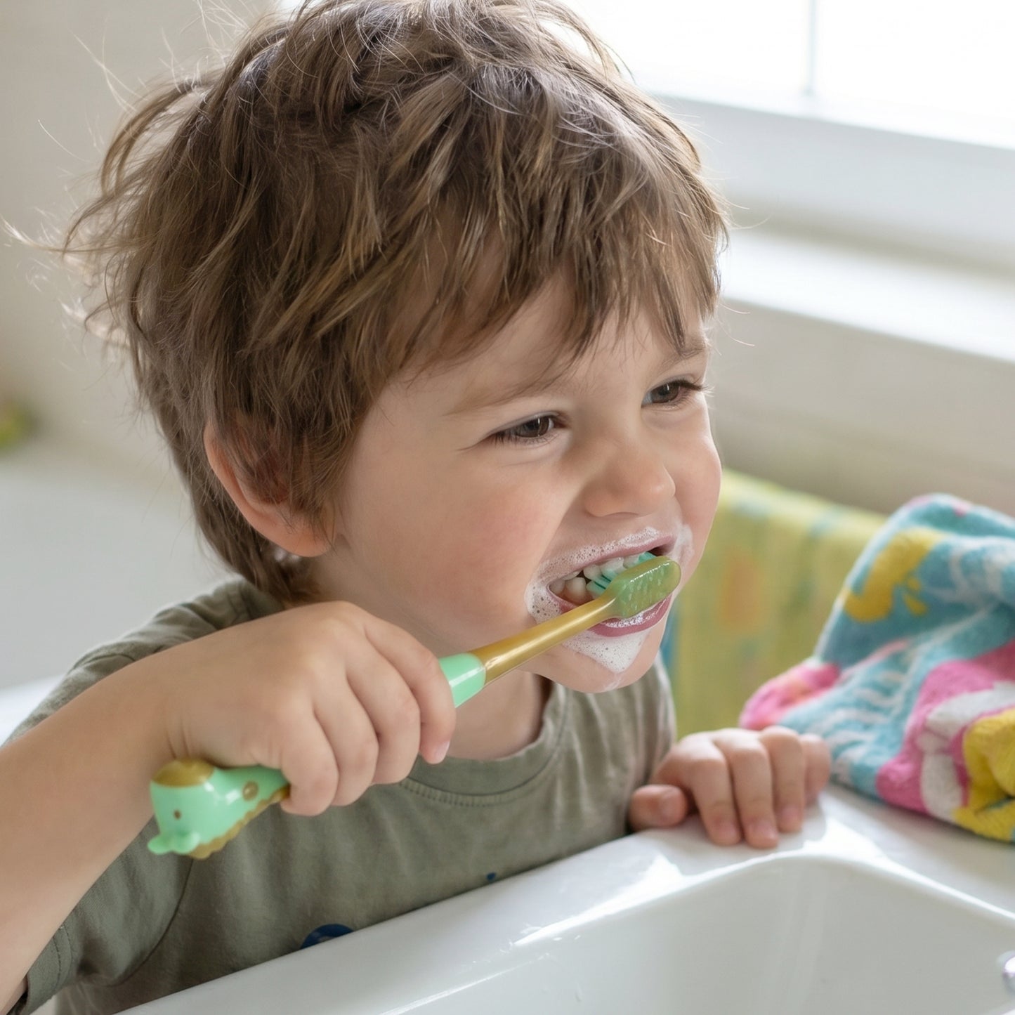Manual kids toothbrush with attached whistle toy