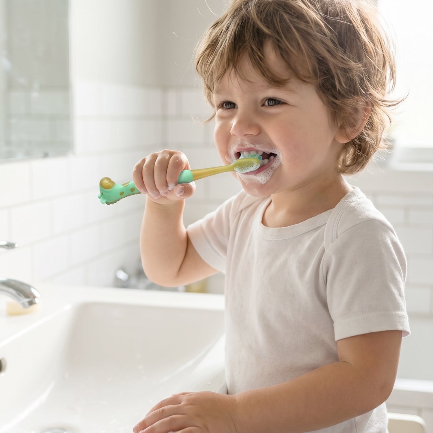 Colorful kids toothbrush with animal-shaped whistle