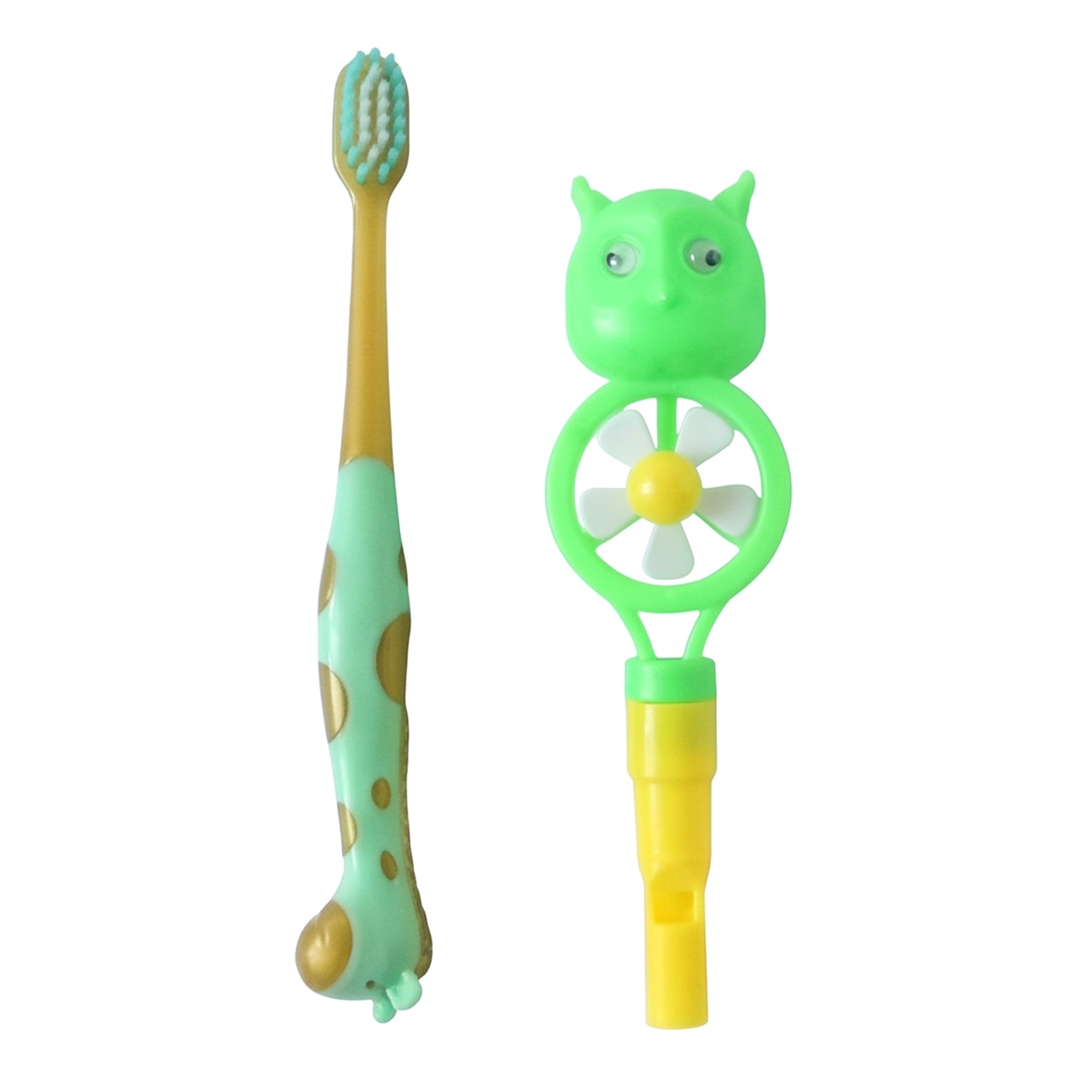 Child-friendly toothbrush set with fun whistle toy