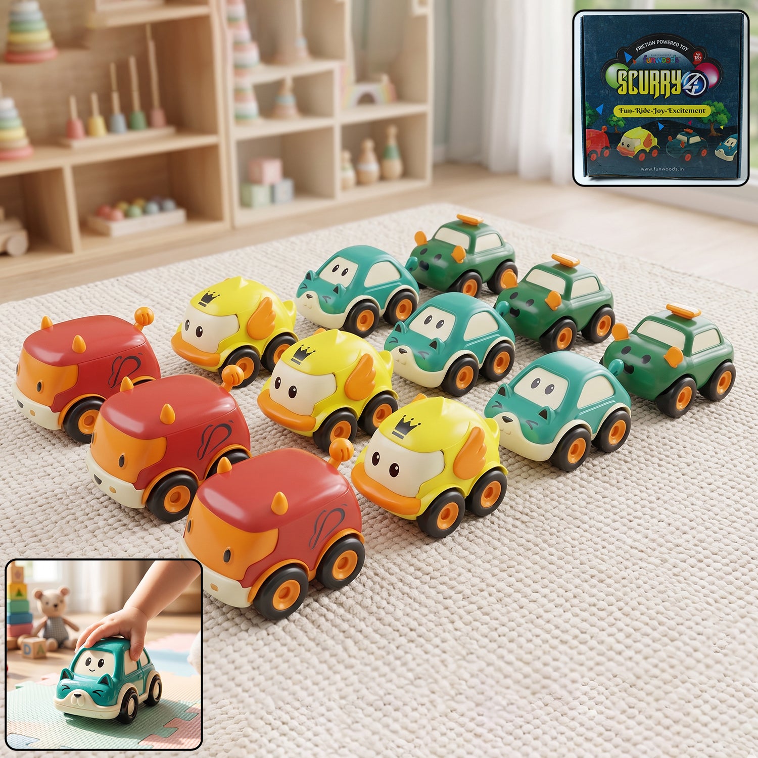 Funwoods Scurry Toy Cars for Kids - 12 Pcs, Colorful, Fun & Interactive Cars