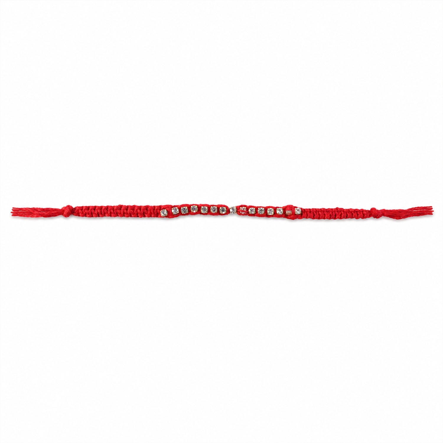 Red Thread Rakhi with a Row of Sparkling Crystal Rhinestone Beads