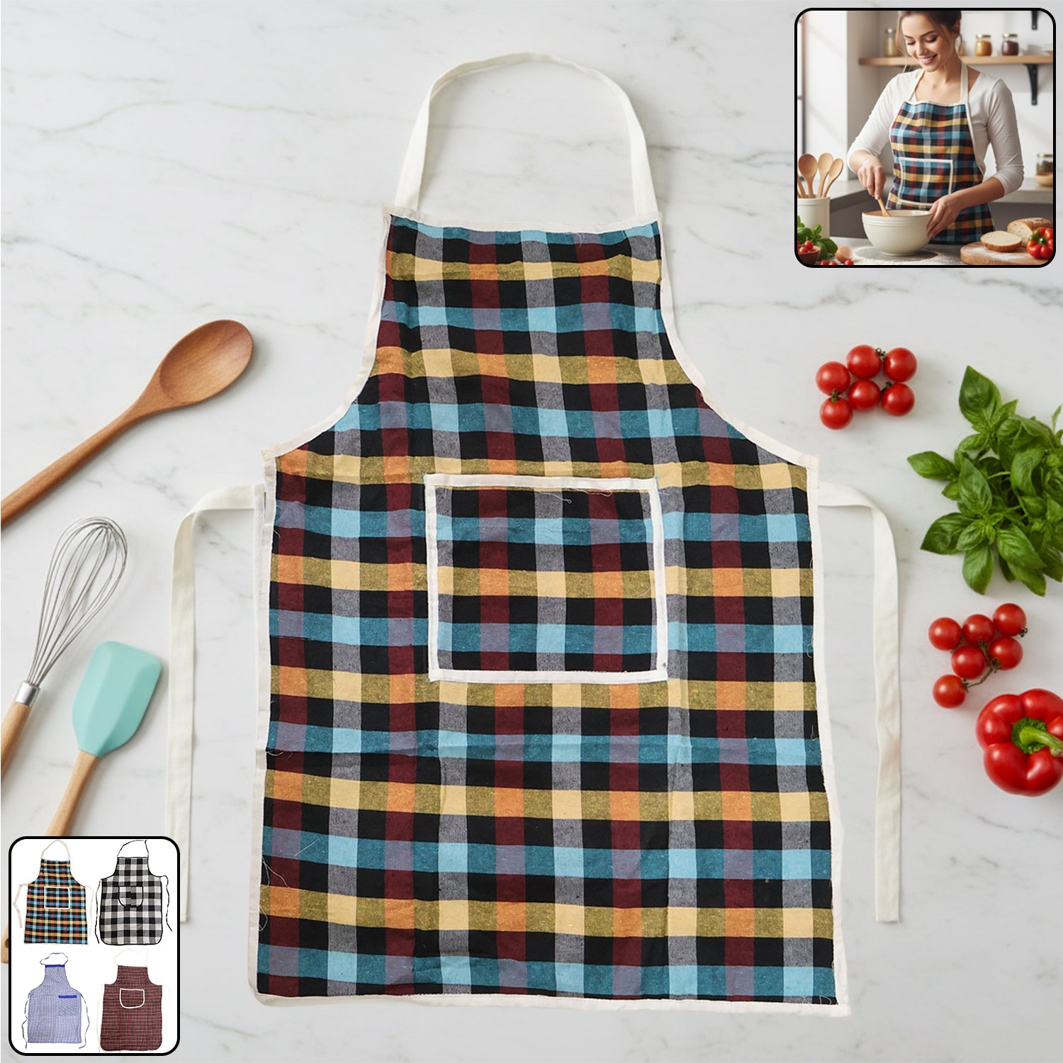 Cotton Checkered Kitchen Apron with Front Pocket (1 Pc)