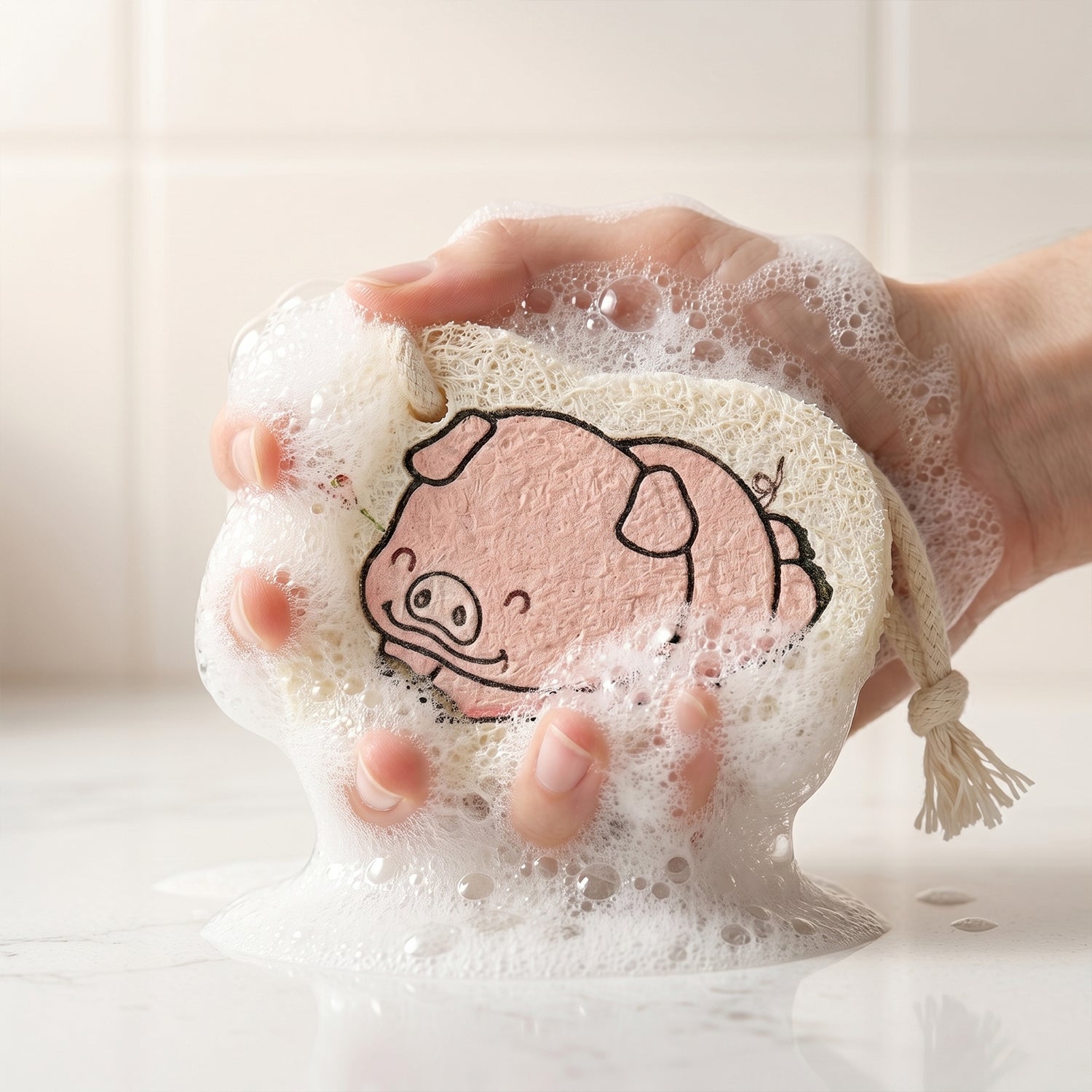 Side view of cartoon printed bath scrubber sponge with hanging rope