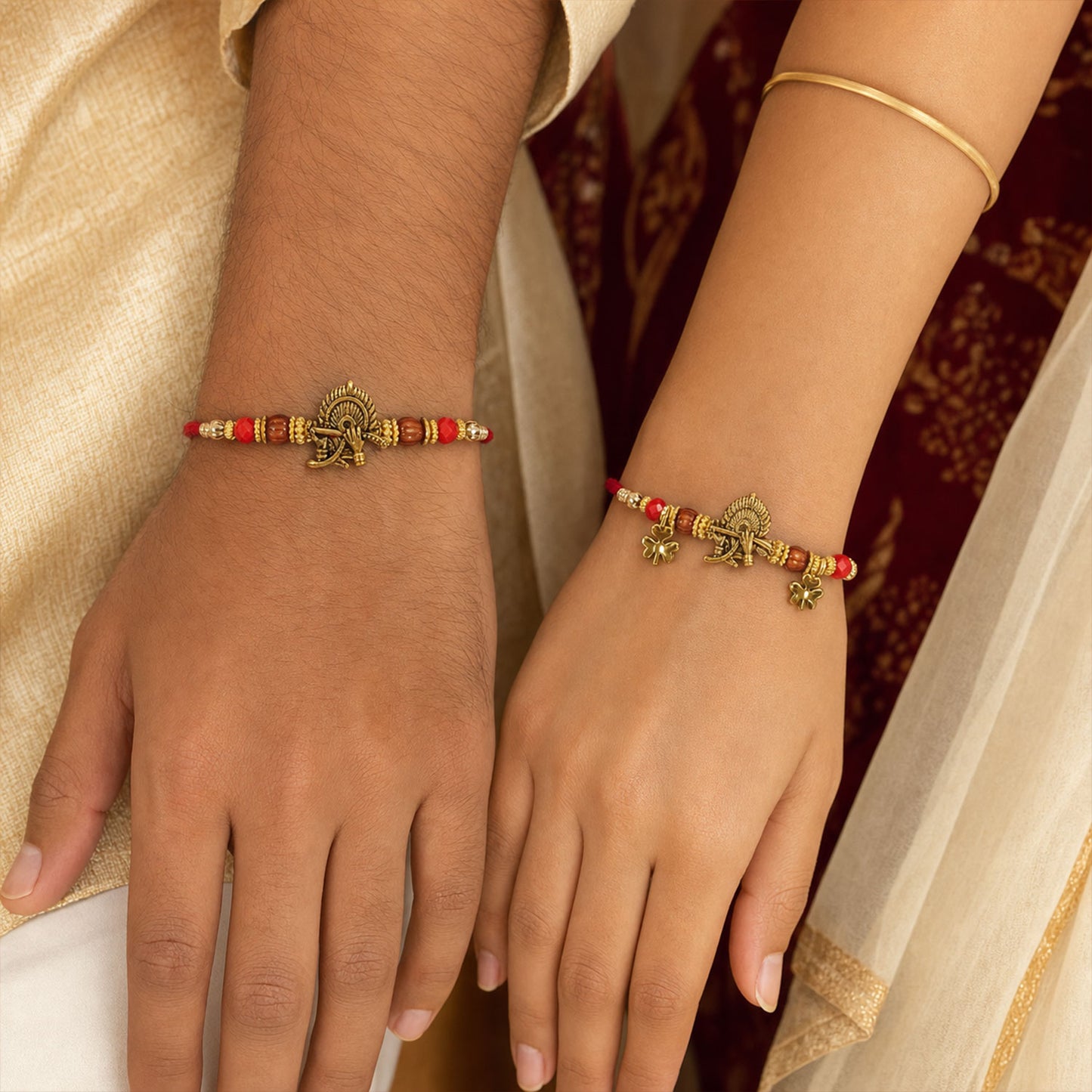 Flute Peacock Feather Rakhi Set with Wooden Beads for Festive Couple Gift Giving
