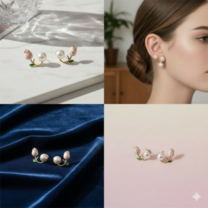 Dainty Enamel Tulip & Round Pearl Korean Style Earrings – Chic Nature-Inspired Jewelry