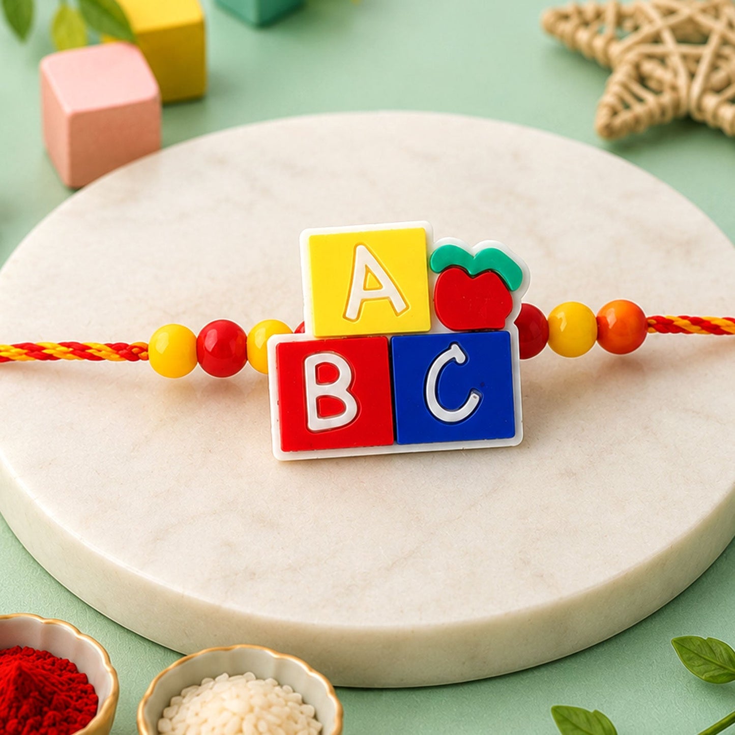 Kids Beaded Rakhi for Brother - Alphabet Blocks Cartoon Design (5pcs)