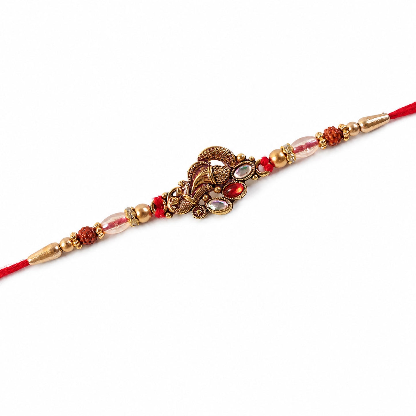 Elegant Rakhi with Ornate Floral Medallion and metal trims in chain look for Gift Use