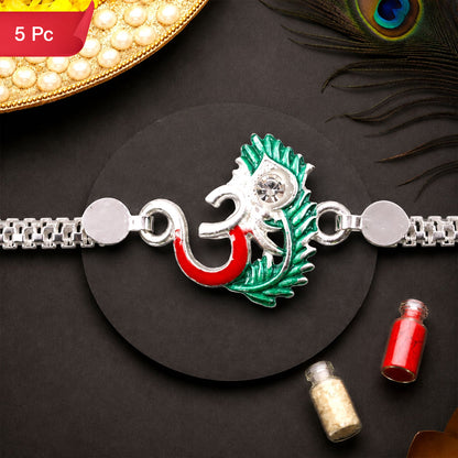 Om Charm Morpankh Silver Chain Crystal Diamond Rakhi for Brother (5pcs)