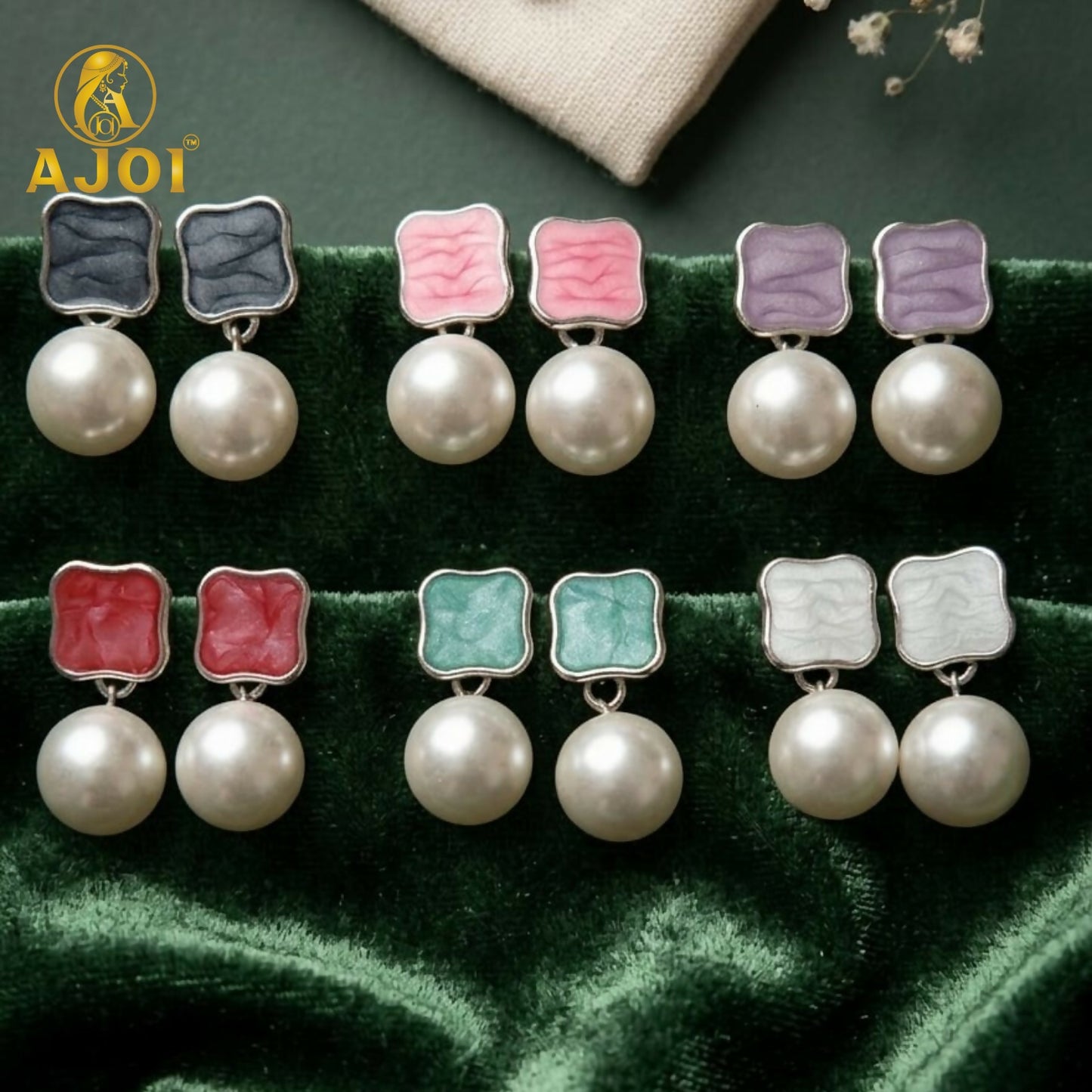 Set of 6 chic pearl drop earrings with colorful enamel studs