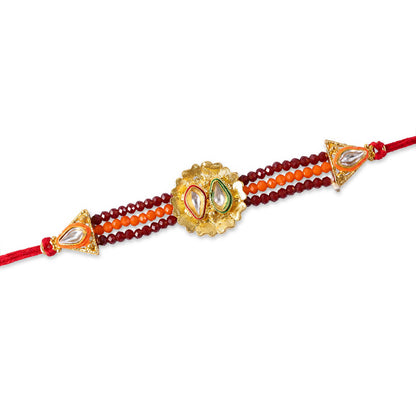 Red Beaded Floral Rakhi with Golden Center and Traditional Festive Gift Appeal Ideas